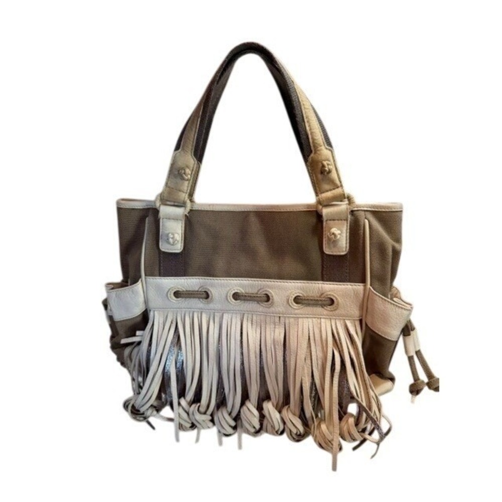 Katherine Kwei Olive Canvas‎ Leather Fringe Tote Bag Boho Knotted Shoulder Purse - Picture 3 of 10